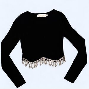 LIC Lizette Collection Black Cropped Knitted Long Sleeve w/ Rhinestone Fringe